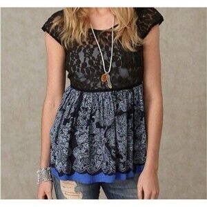 FREE PEOPLE Left Me Speechless Babydoll Blouse Small Sheer Black Lace Peplum